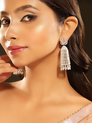 American Diamond Floral Silver Plated Jhumkis Pattern Earrings