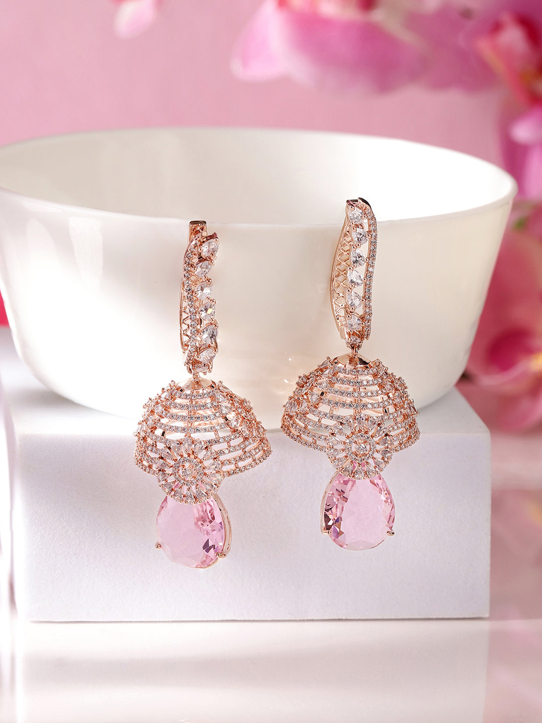 Lavender Stoned American Diamond Floral Rosegold Jhumkis Earrings