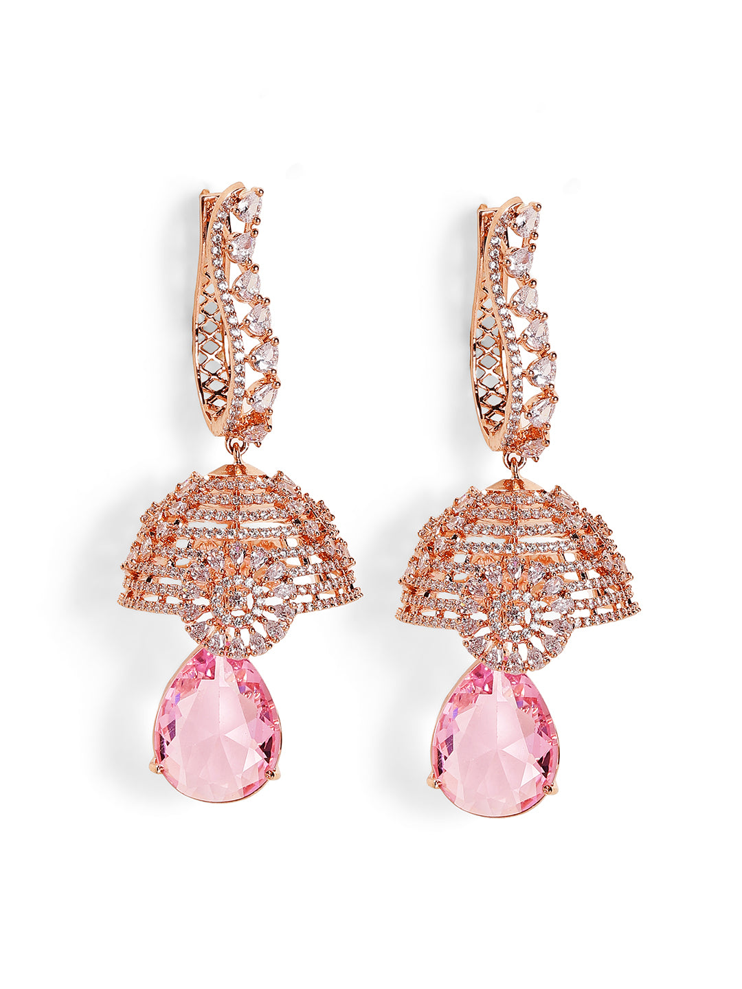 Lavender Stoned American Diamond Floral Rosegold Jhumkis Earrings