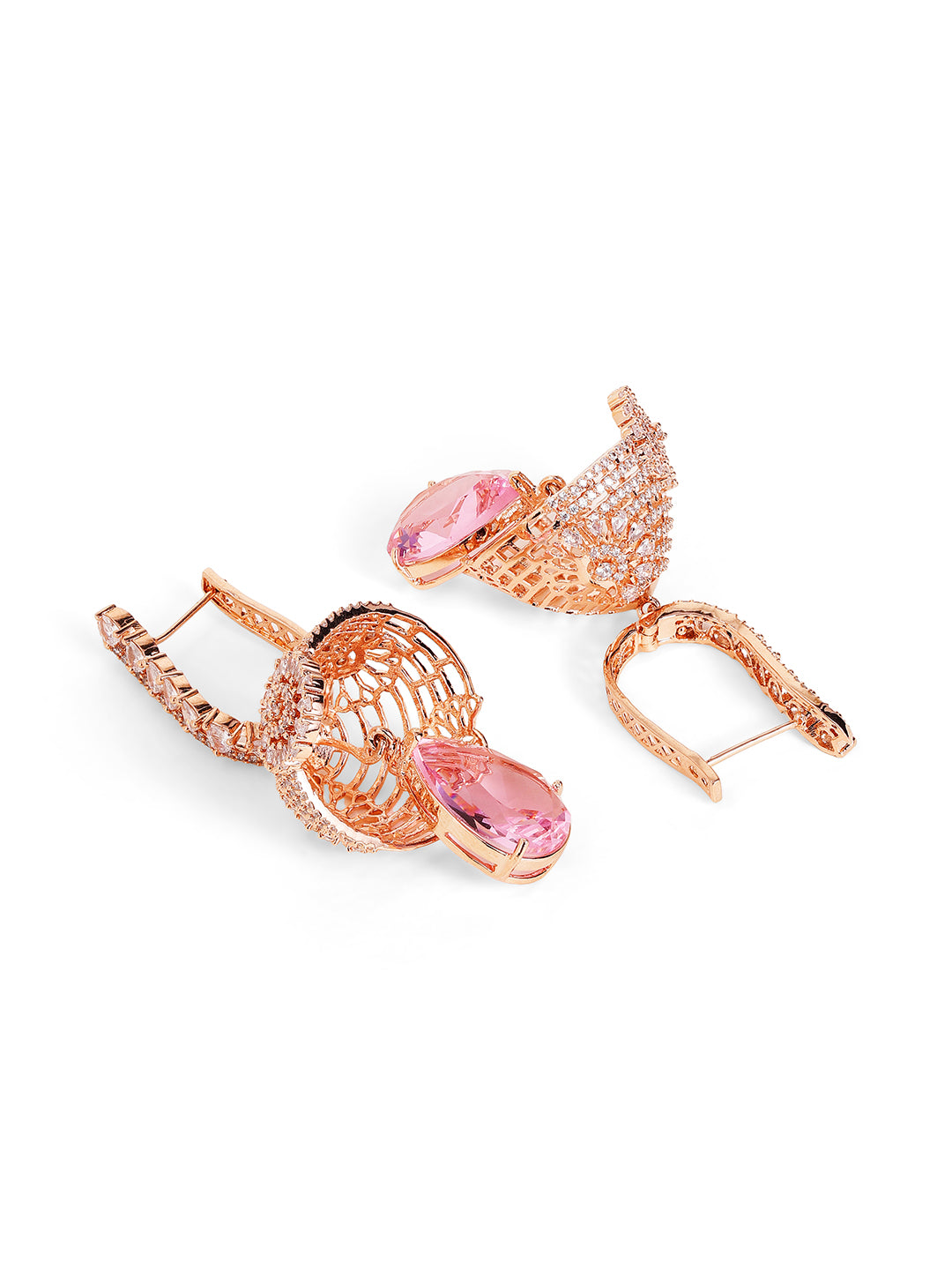 Lavender Stoned American Diamond Floral Rosegold Jhumkis Earrings