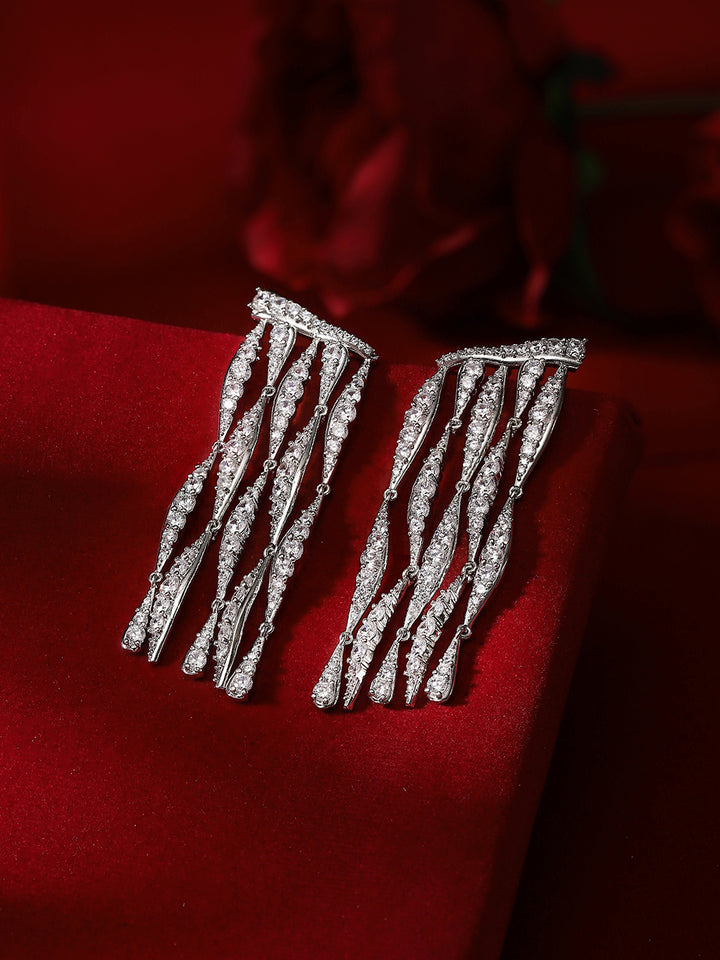 Statement Elegance Silver Plated American Diamond Tassels Earrings