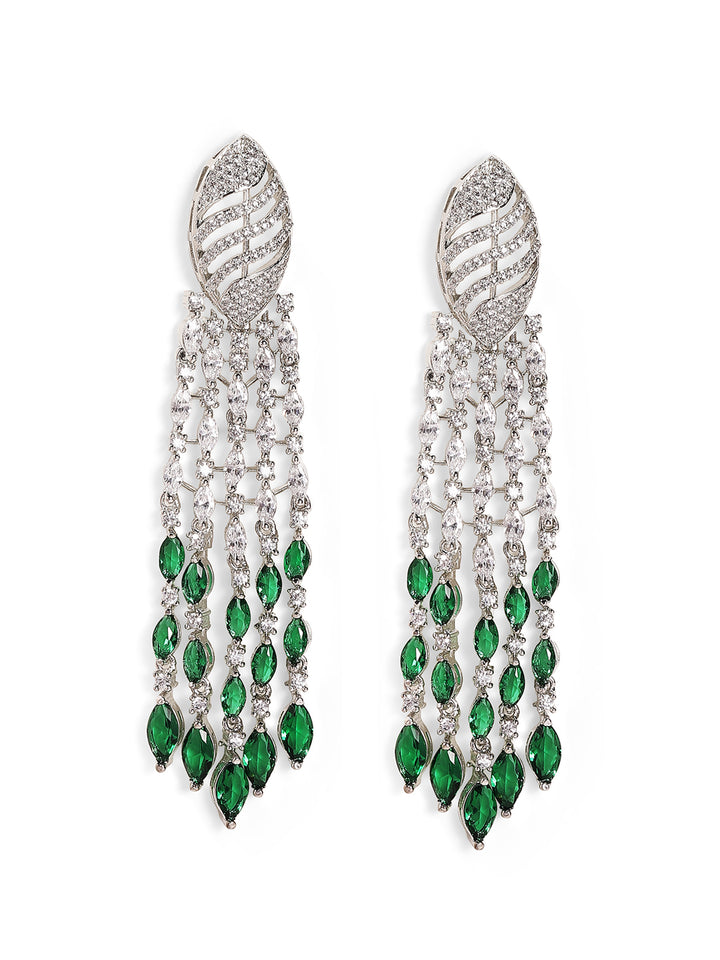 Emerald Stoned American Diamond Silver Plated Floral Drop Earrings