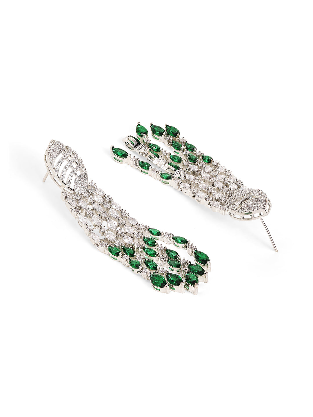 Emerald Stoned American Diamond Silver Plated Floral Drop Earrings