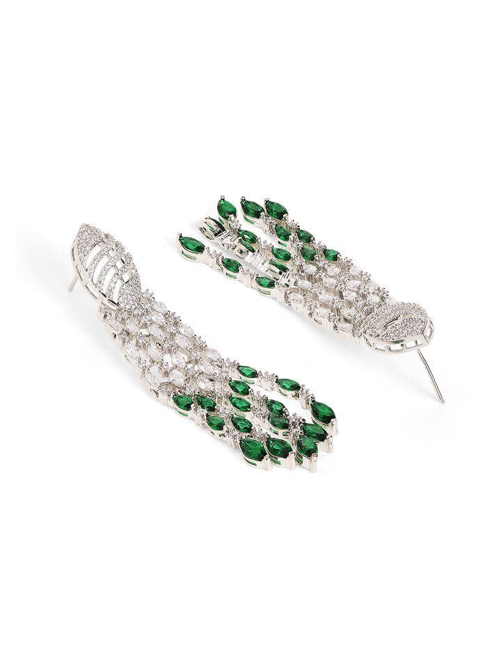 Emerald Stoned American Diamond Silver Plated Floral Drop Earrings