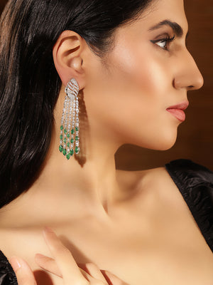 Emerald Stoned American Diamond Silver Plated Floral Drop Earrings