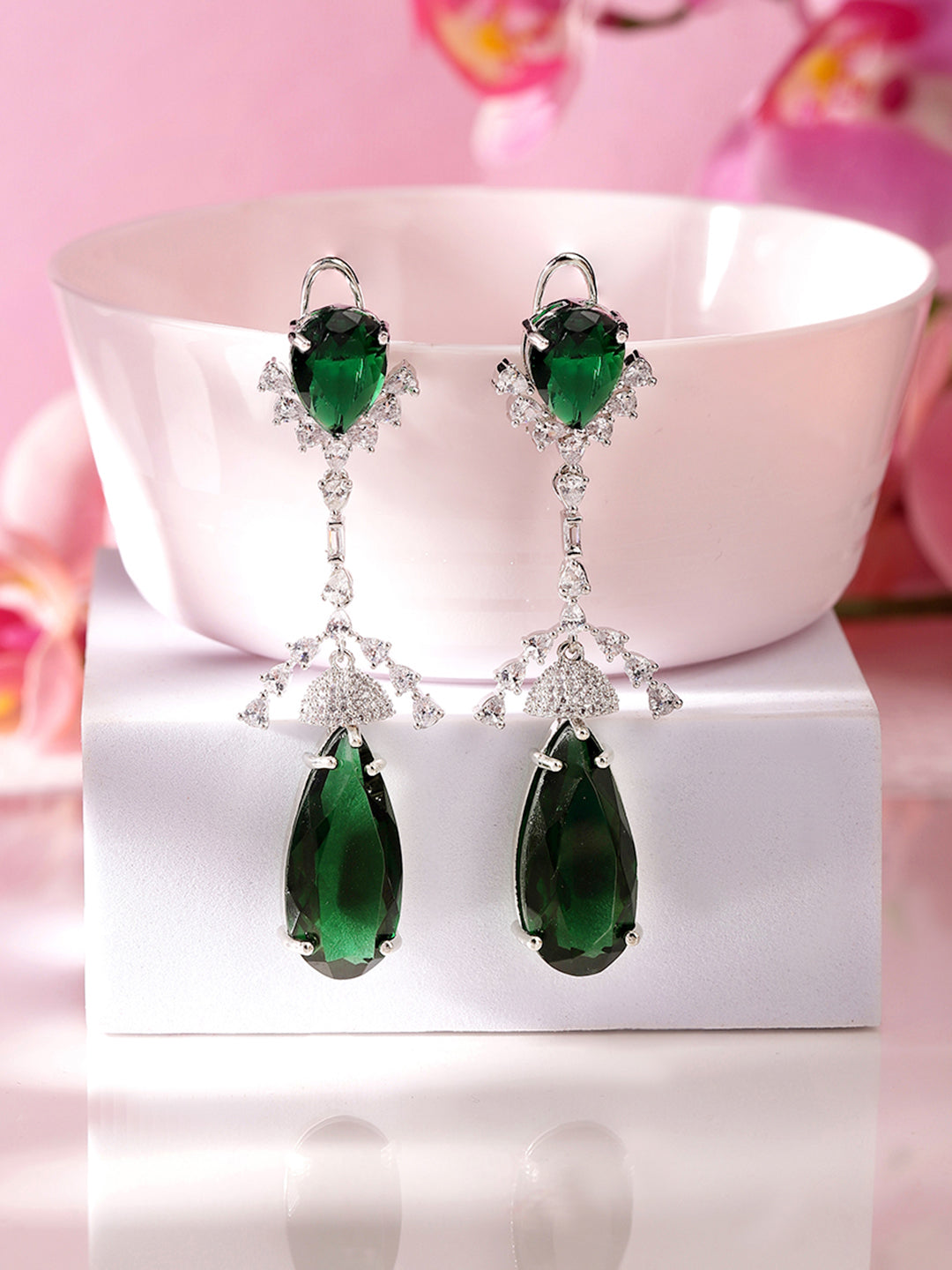 Emerald Stoned American Diamond Silver Plated Mini Jhumkis Drop Earrings