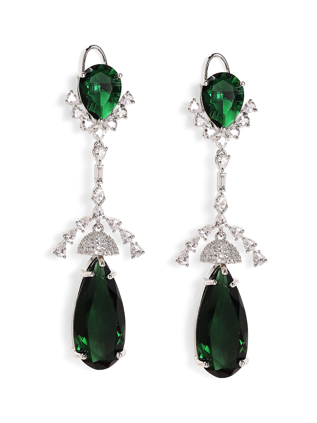 Emerald Stoned American Diamond Silver Plated Mini Jhumkis Drop Earrings