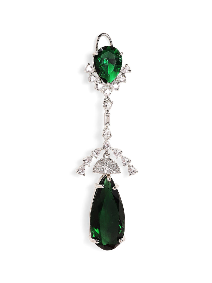 Emerald Stoned American Diamond Silver Plated Mini Jhumkis Drop Earrings