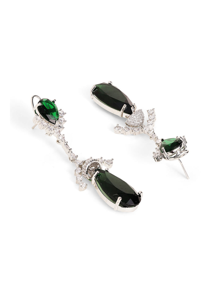 Emerald Stoned American Diamond Silver Plated Mini Jhumkis Drop Earrings