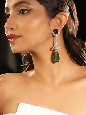 Emerald Stoned American Diamond Silver Plated Mini Jhumkis Drop Earrings