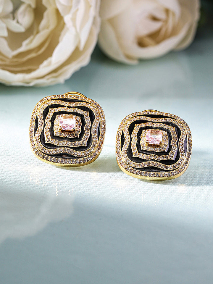 American Diamond Pink Stoned Statement Elegance Gold Plated Stud Earrings