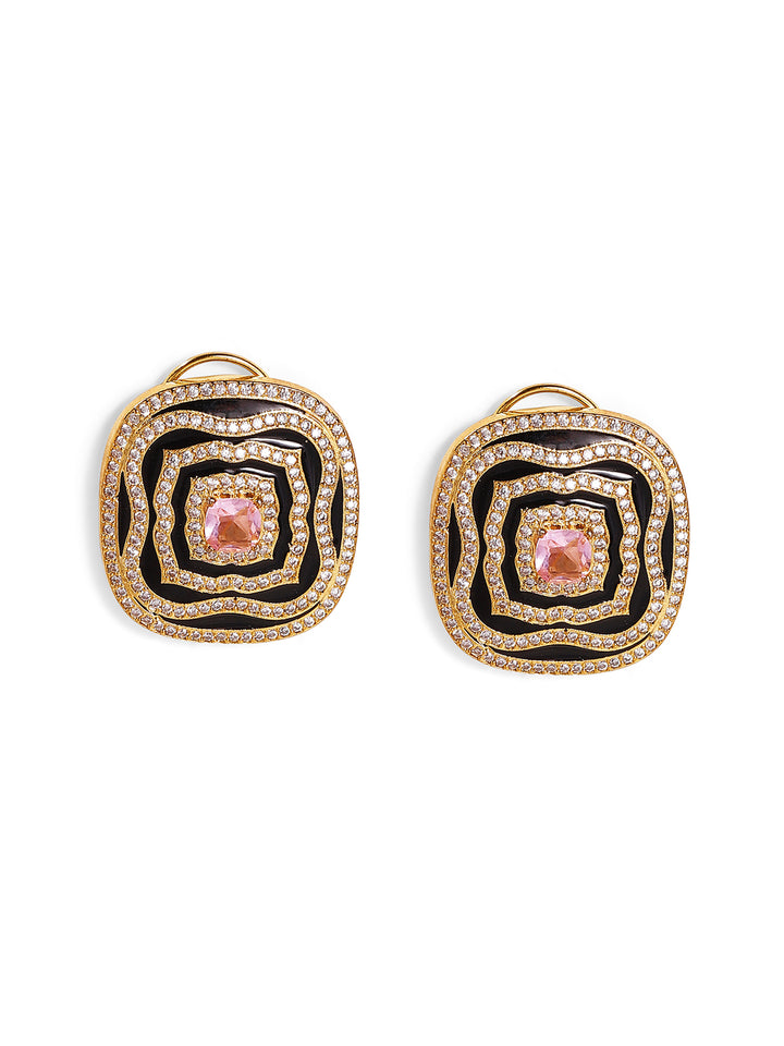 American Diamond Pink Stoned Statement Elegance Gold Plated Stud Earrings