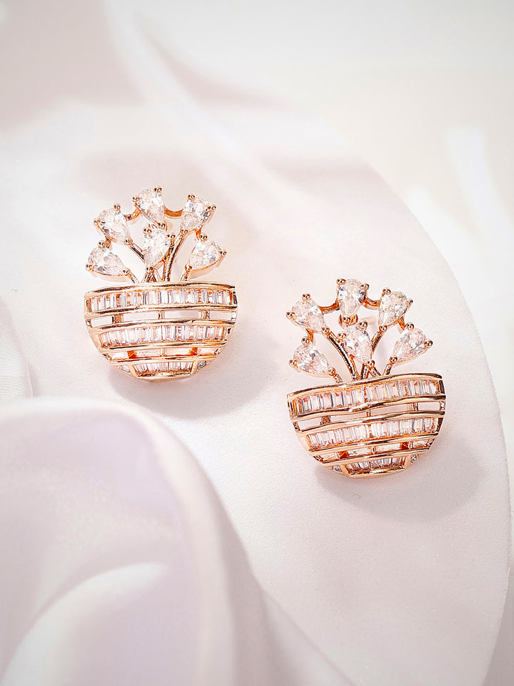 Floral Style Rose Gold Plated American Diamond Stud Pattern Earrings