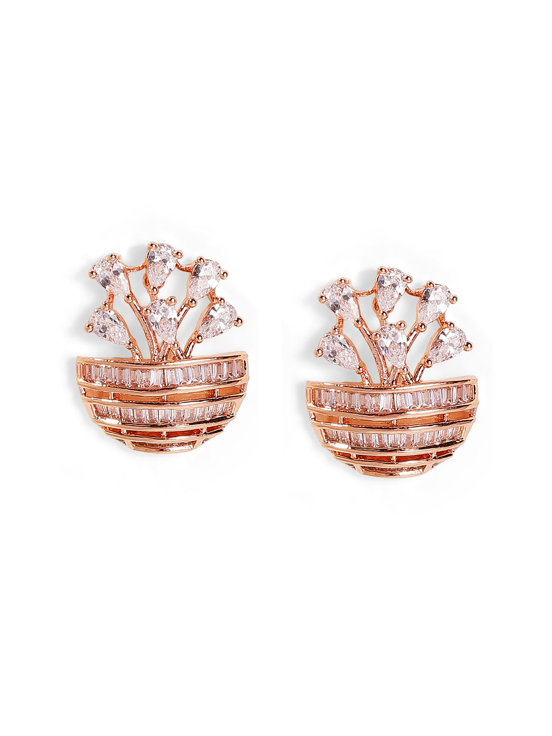 Floral Style Rose Gold Plated American Diamond Stud Pattern Earrings