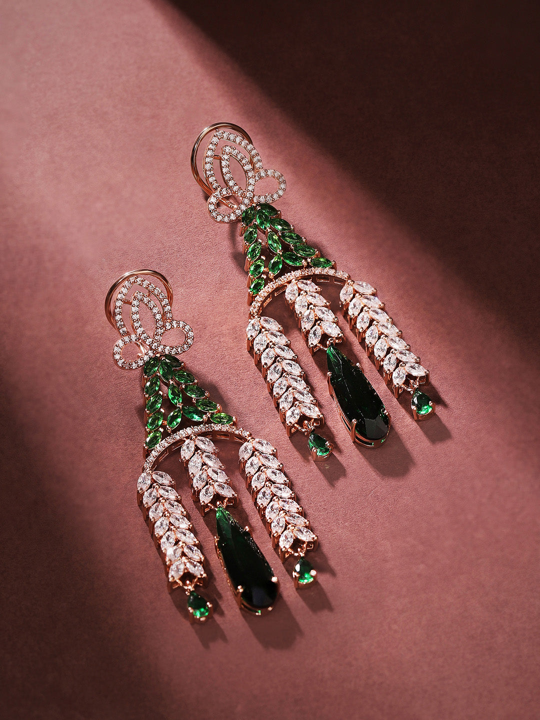 Emerald Elegance Rosegold Plated American Diamond Statement Drop Earrings