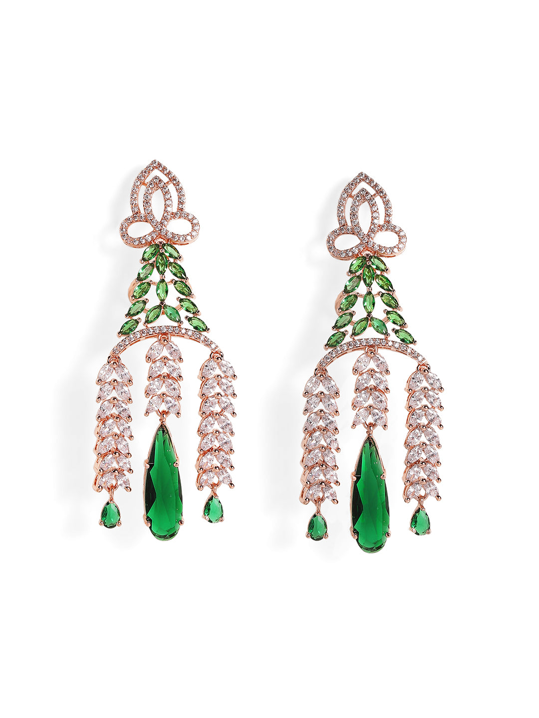 Emerald Elegance Rosegold Plated American Diamond Statement Drop Earrings