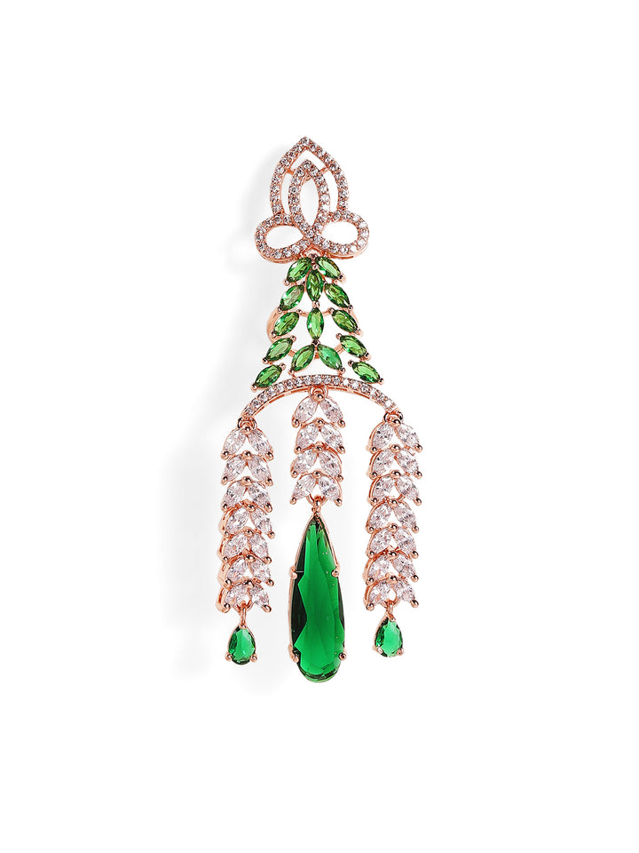 Emerald Elegance Rosegold Plated American Diamond Statement Drop Earrings