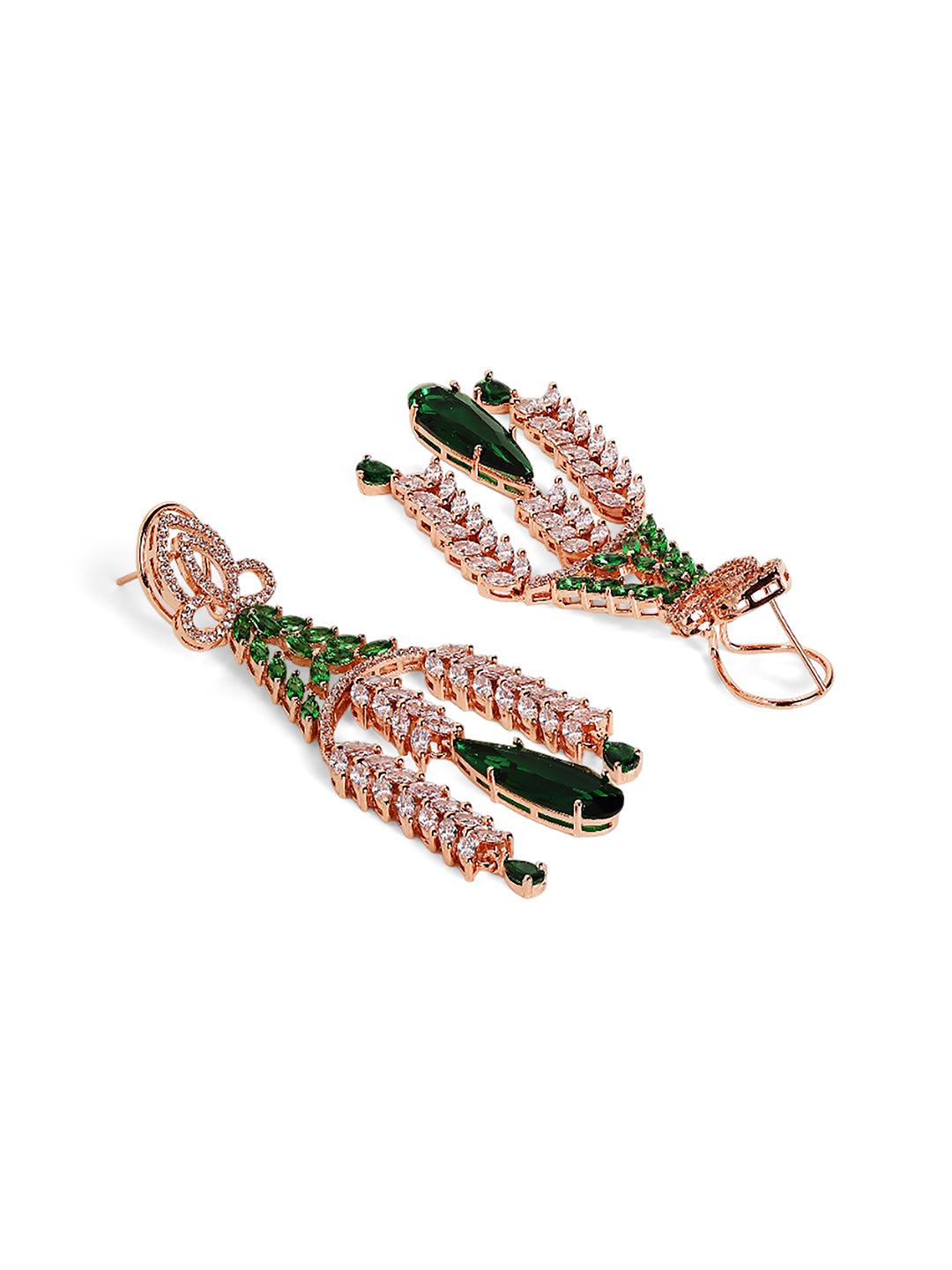 Emerald Elegance Rosegold Plated American Diamond Statement Drop Earrings