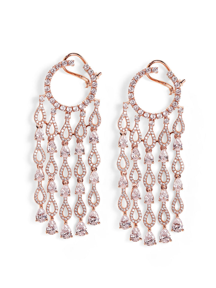 Geometric Pattern American Diamond Tassels Elegance Rosegold Plated Earrings