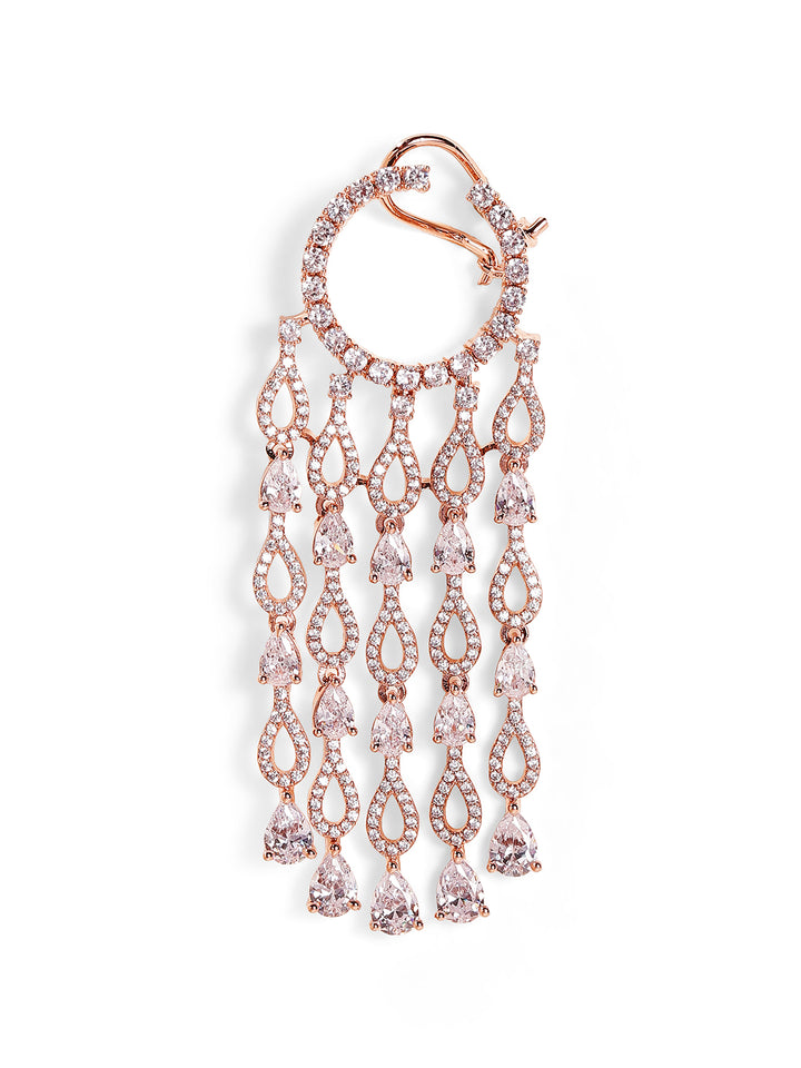 Geometric Pattern American Diamond Tassels Elegance Rosegold Plated Earrings