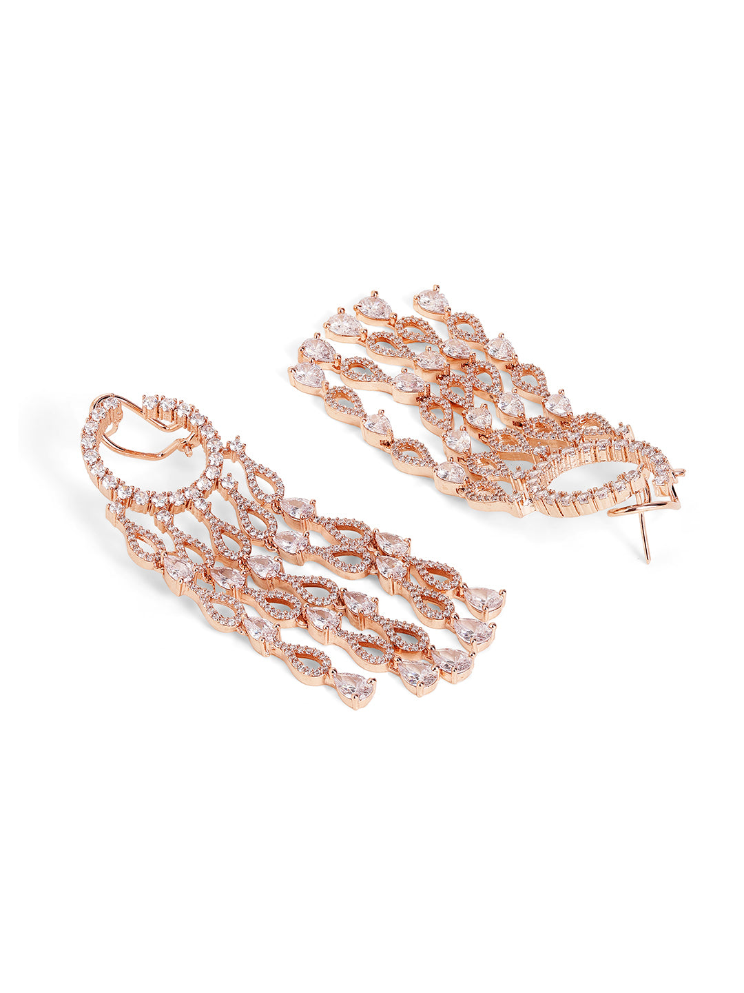 Geometric Pattern American Diamond Tassels Elegance Rosegold Plated Earrings