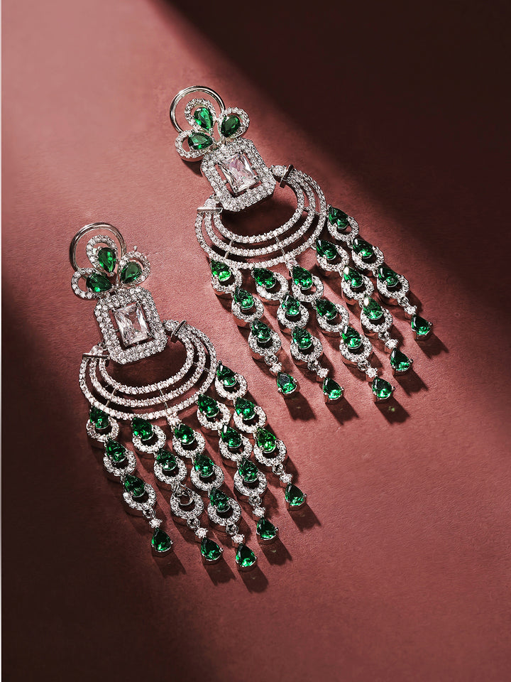 Emerald Stoned American Diamond Silver Plated Statement Drop Earrings