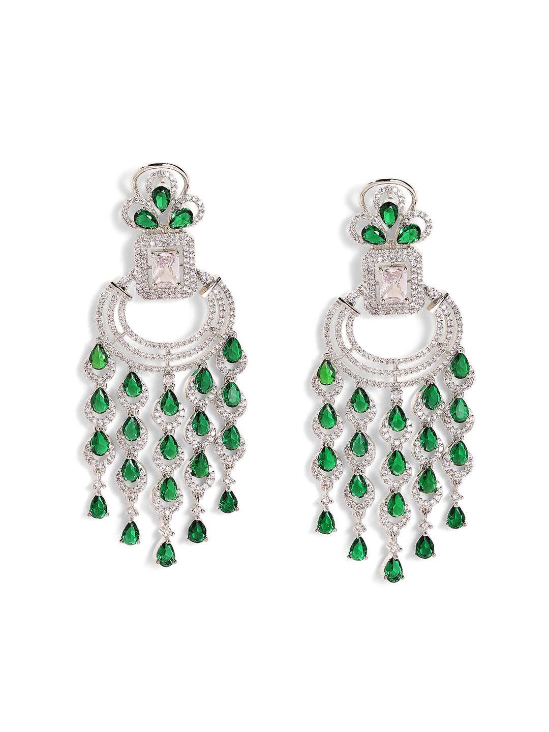 Emerald Stoned American Diamond Silver Plated Statement Drop Earrings