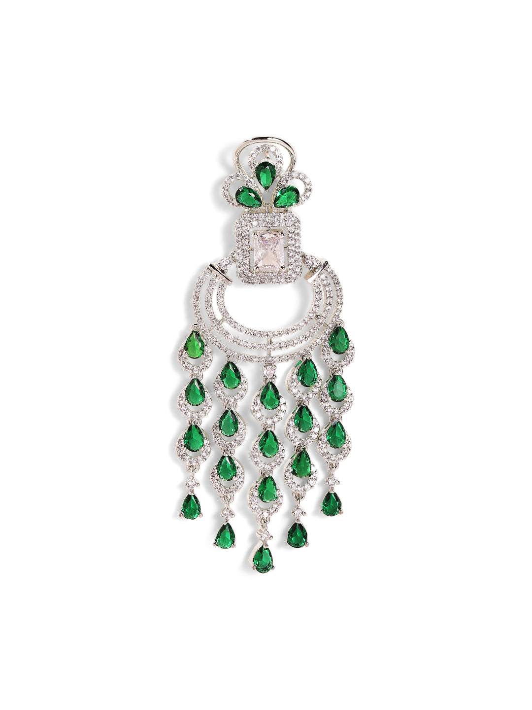 Emerald Stoned American Diamond Silver Plated Statement Drop Earrings