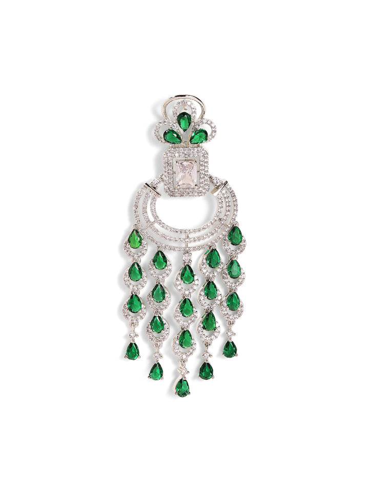 Emerald Stoned American Diamond Silver Plated Statement Drop Earrings