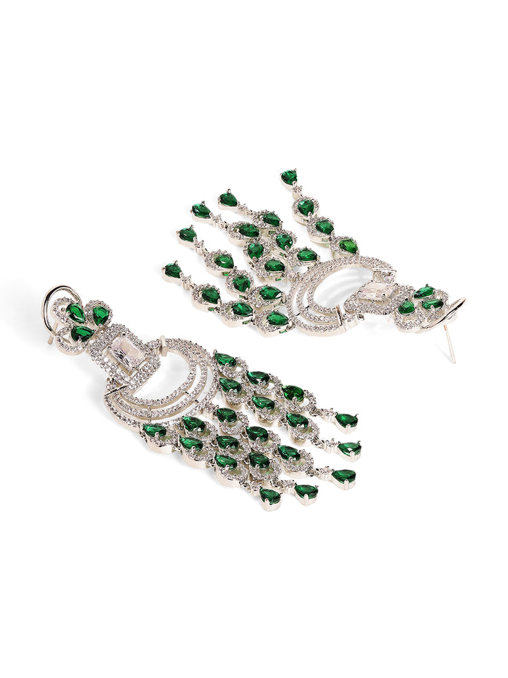 Emerald Stoned American Diamond Silver Plated Statement Drop Earrings