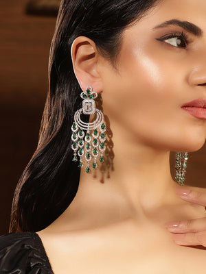 Emerald Stoned American Diamond Silver Plated Statement Drop Earrings