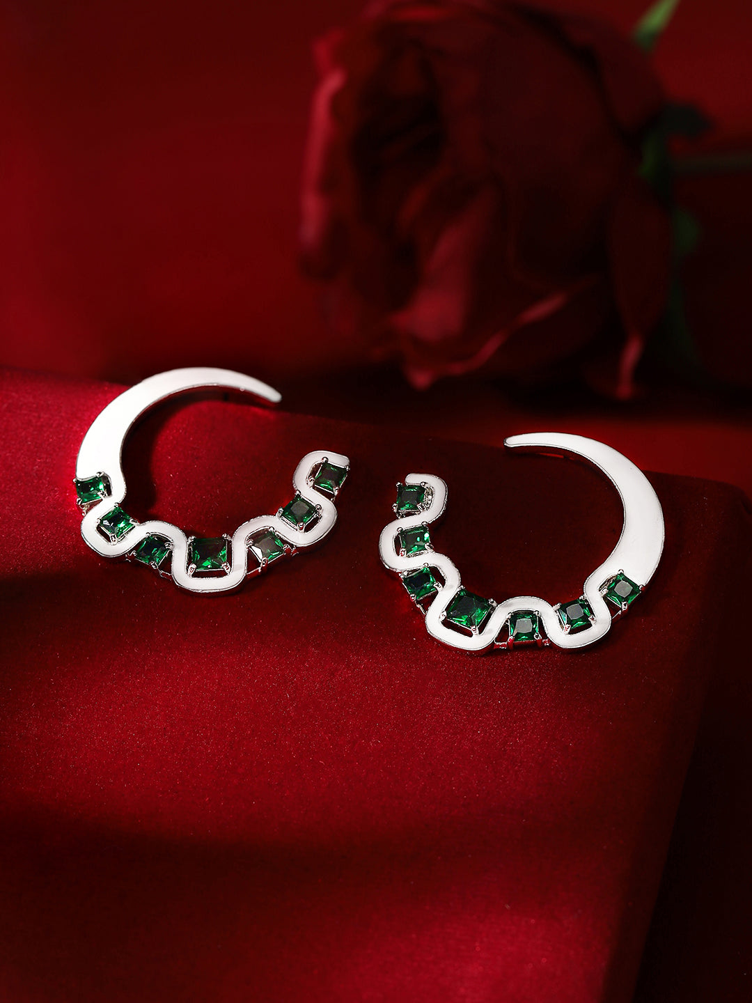 Emerald Stoned White Elegance Silver Plated Chand Pattern Stud Earrings