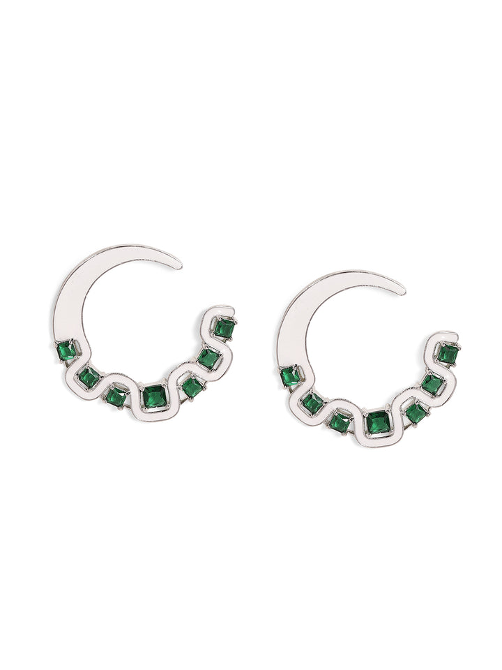 Emerald Stoned White Elegance Silver Plated Chand Pattern Stud Earrings