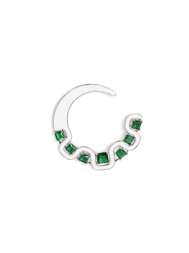 Emerald Stoned White Elegance Silver Plated Chand Pattern Stud Earrings