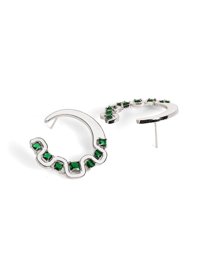 Emerald Stoned White Elegance Silver Plated Chand Pattern Stud Earrings