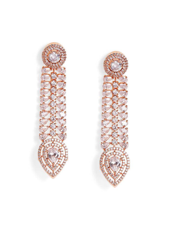 Rosegold Plated American Diamond Leaf Shaped Drop Earrings