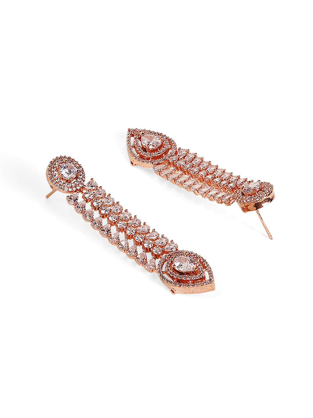 Rosegold Plated American Diamond Leaf Shaped Drop Earrings