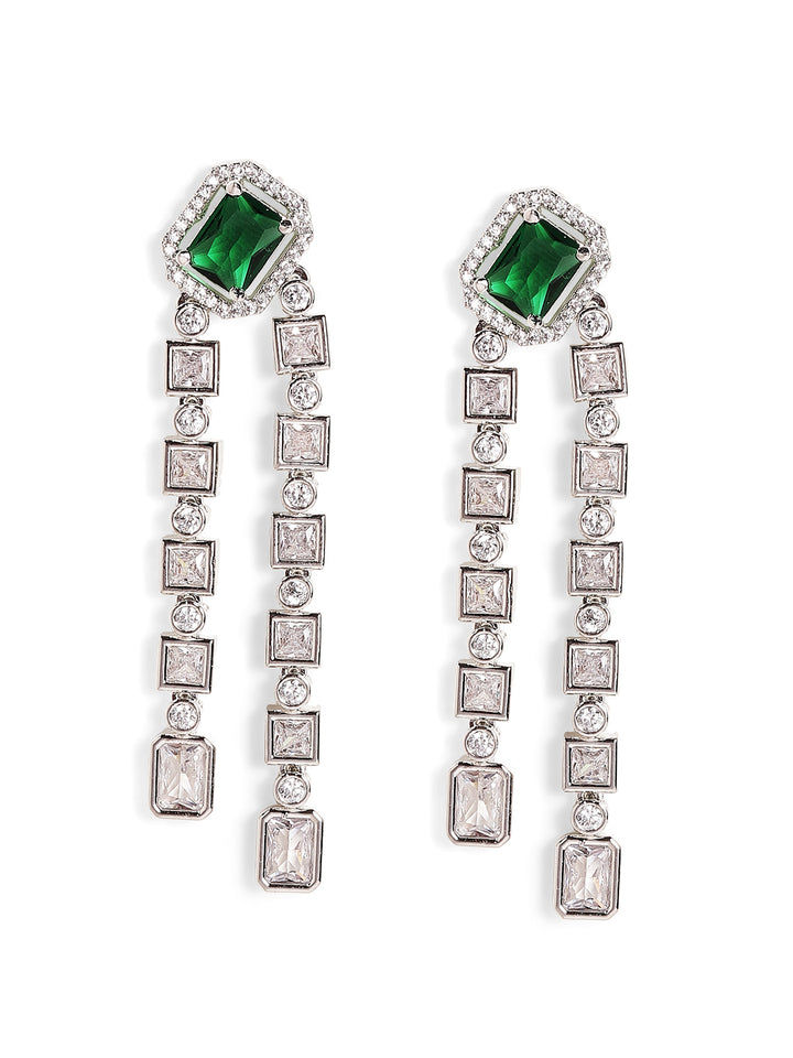 Green Stoned American Diamond Geometric Elegance Drop Earrings