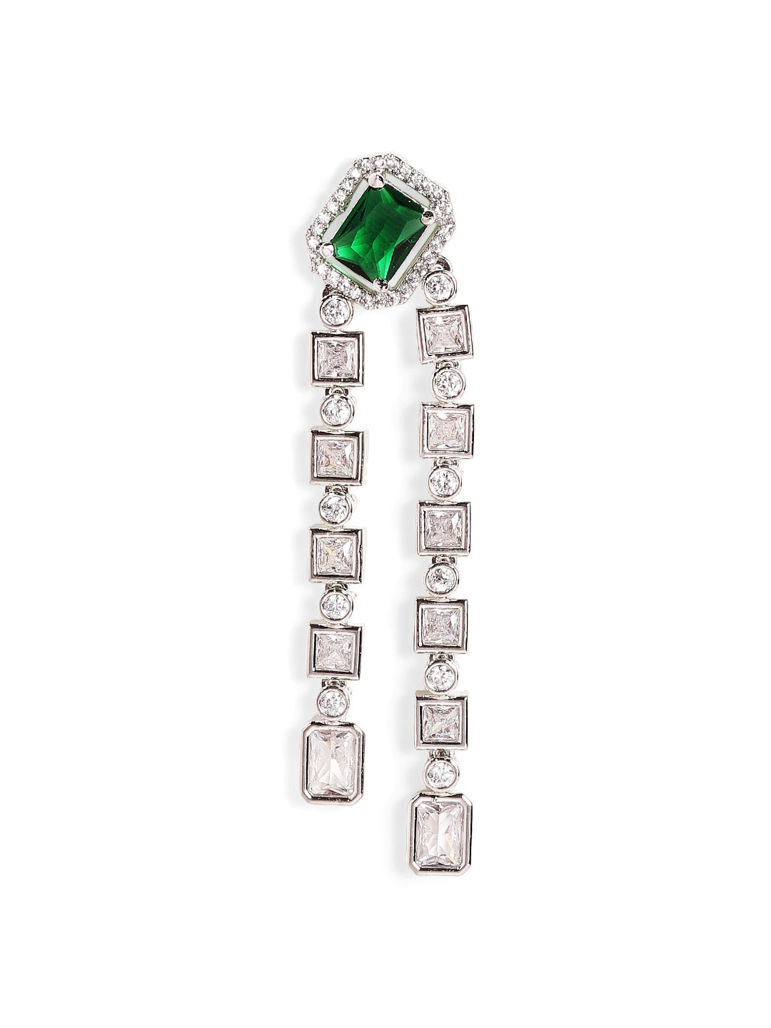 Green Stoned American Diamond Geometric Elegance Drop Earrings