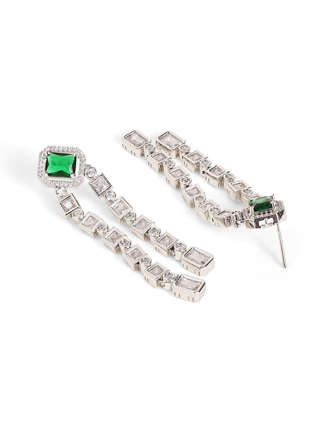 Green Stoned American Diamond Geometric Elegance Drop Earrings