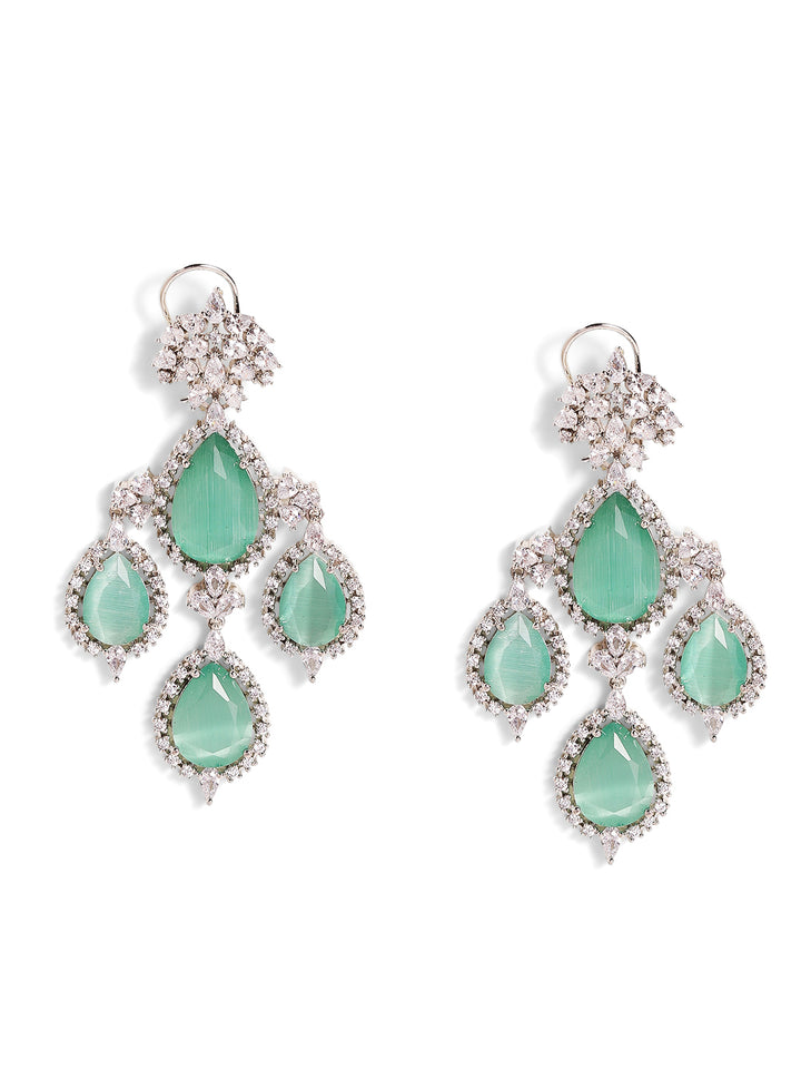 Mint Stoned American Diamond Floral Pattern Silver Plated Drop Earrings