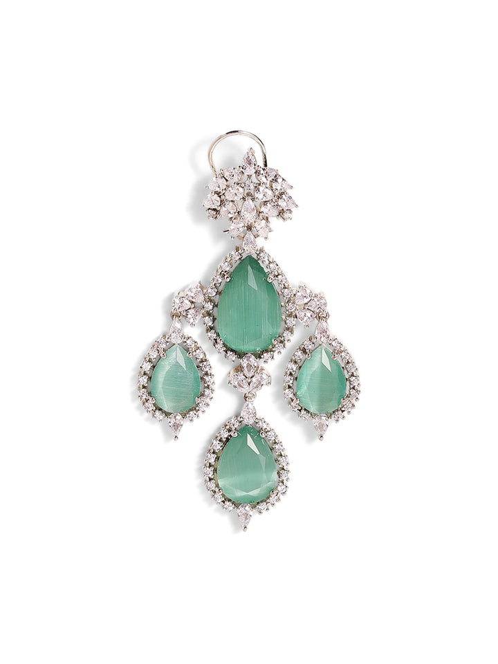 Mint Stoned American Diamond Floral Pattern Silver Plated Drop Earrings