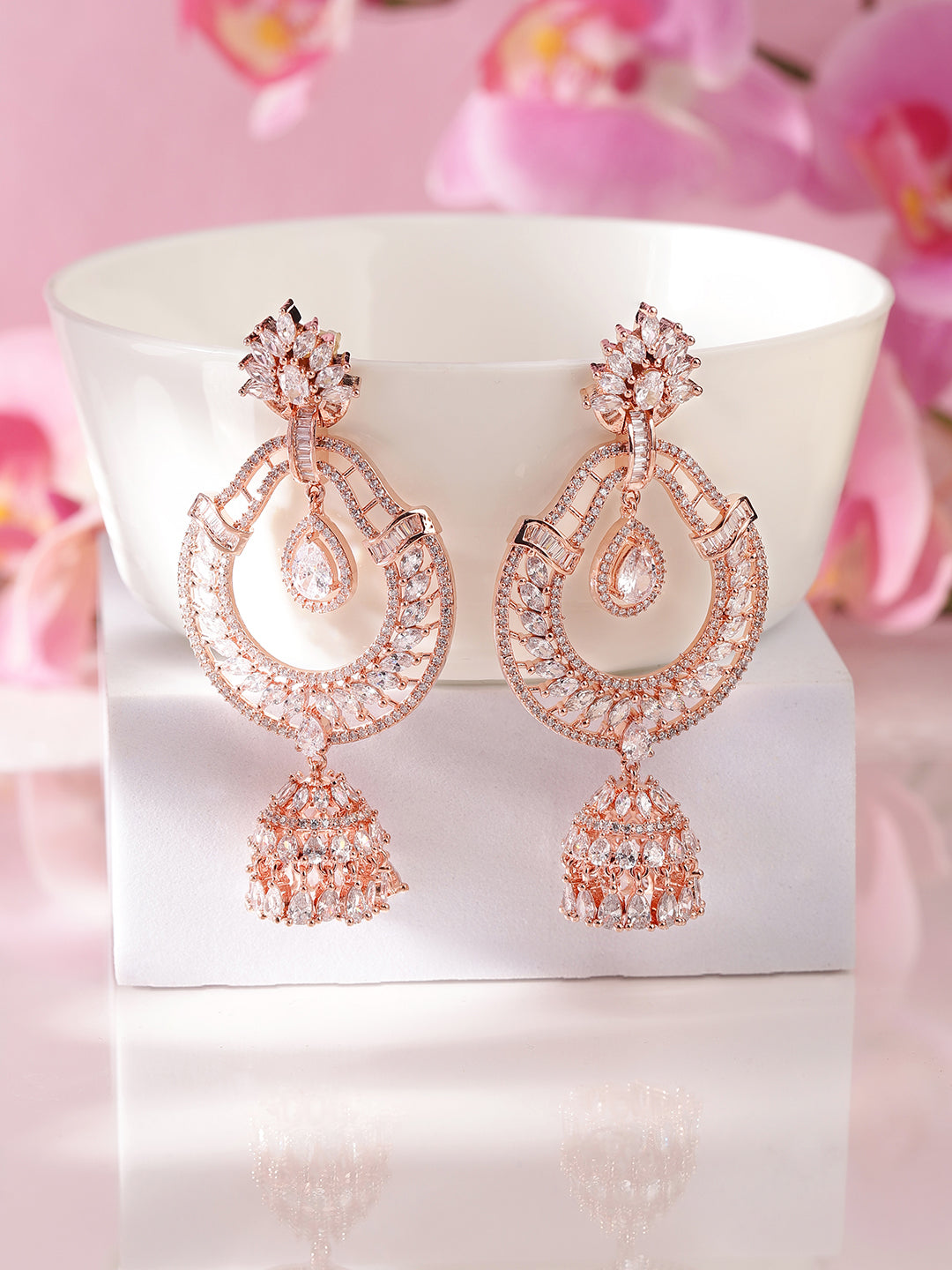 Floral Chandbali Style American Diamond Rosegold Plated Earrings