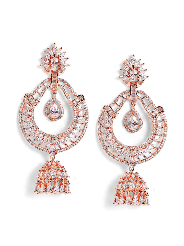 Floral Chandbali Style American Diamond Rosegold Plated Earrings