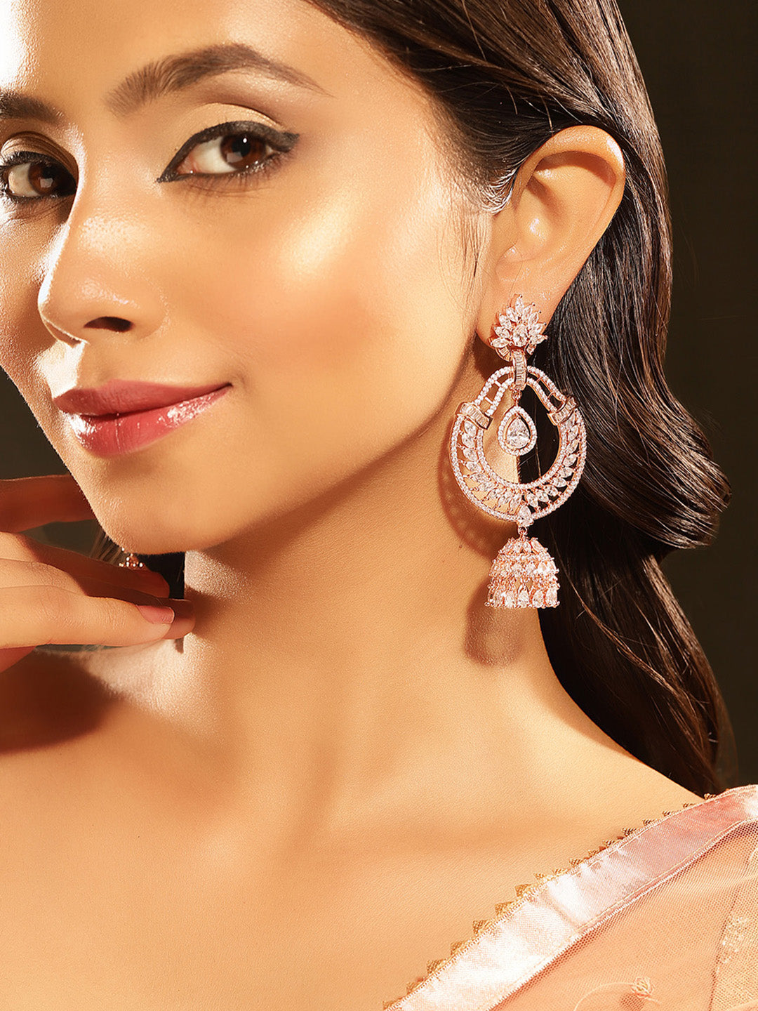 Floral Chandbali Style American Diamond Rosegold Plated Earrings