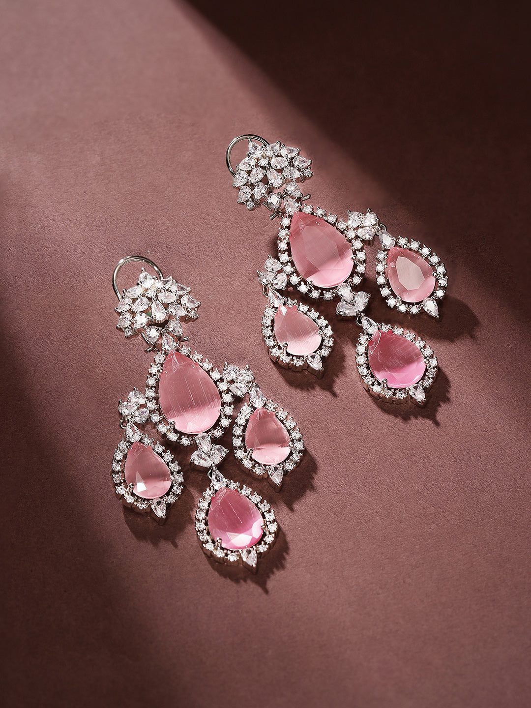 Pink Stoned American Diamond Floral Pattern Silver Plated Drop Earrings