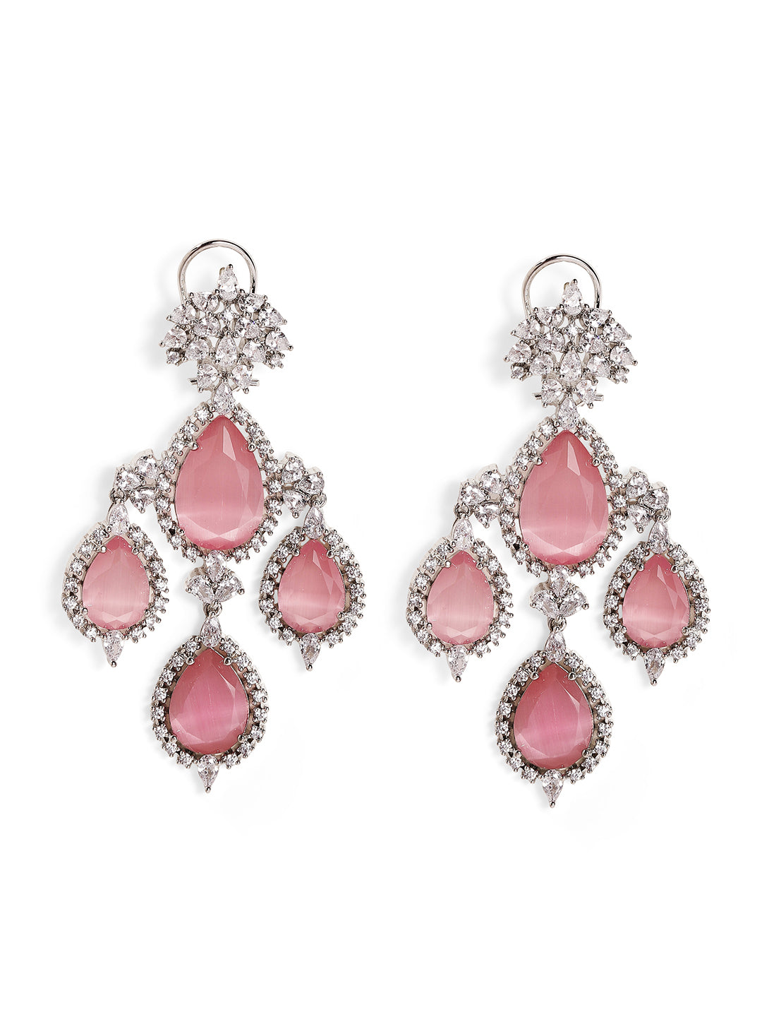 Pink Stoned American Diamond Floral Pattern Silver Plated Drop Earrings