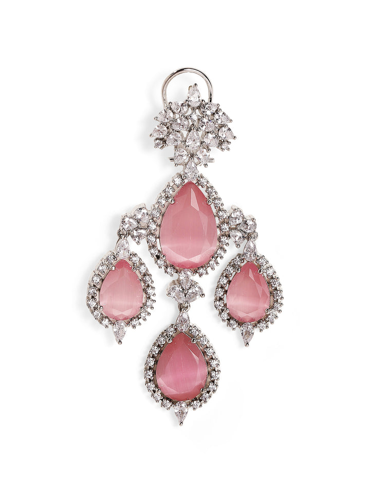 Pink Stoned American Diamond Floral Pattern Silver Plated Drop Earrings