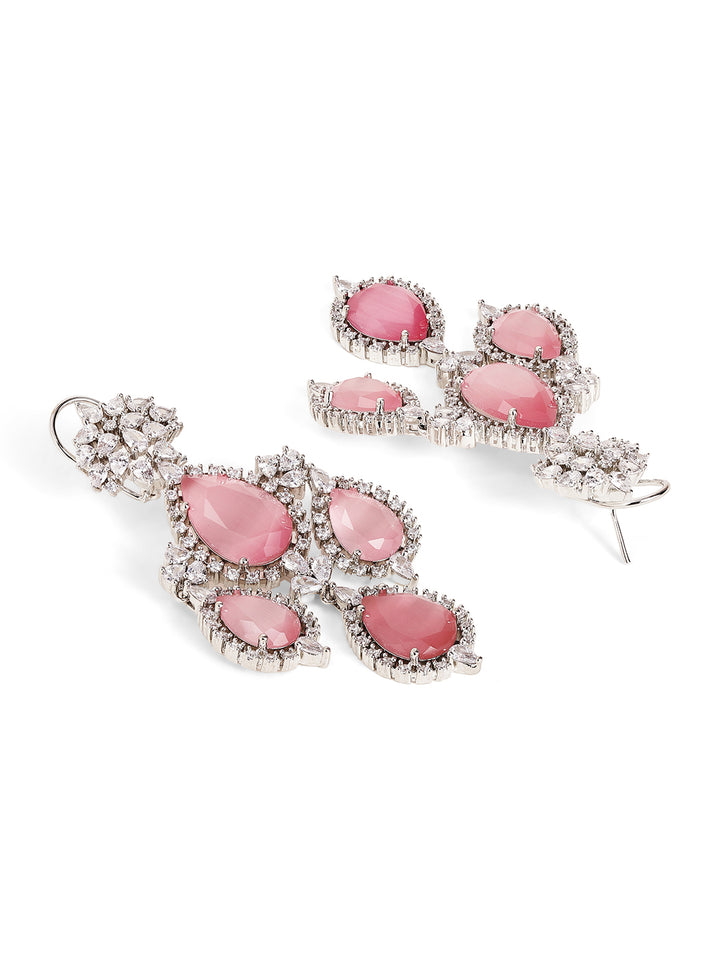 Pink Stoned American Diamond Floral Pattern Silver Plated Drop Earrings