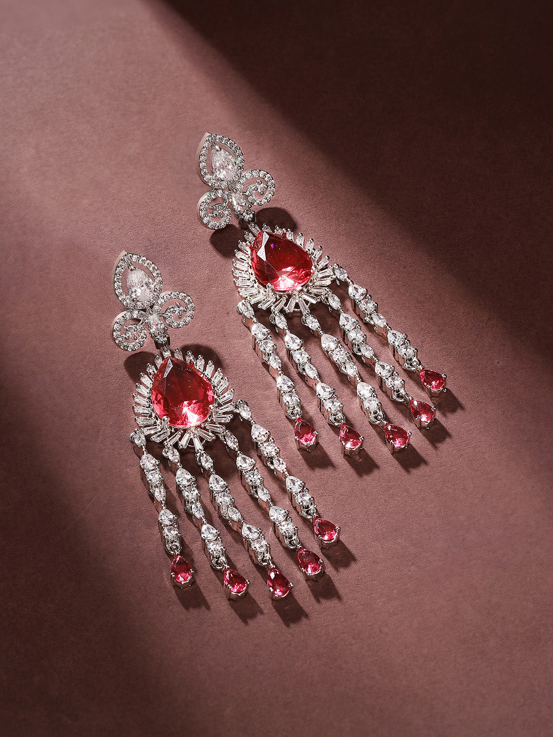 Ruby Stoned American Diamond Floral Pattern Silver Plated Drop Earrings